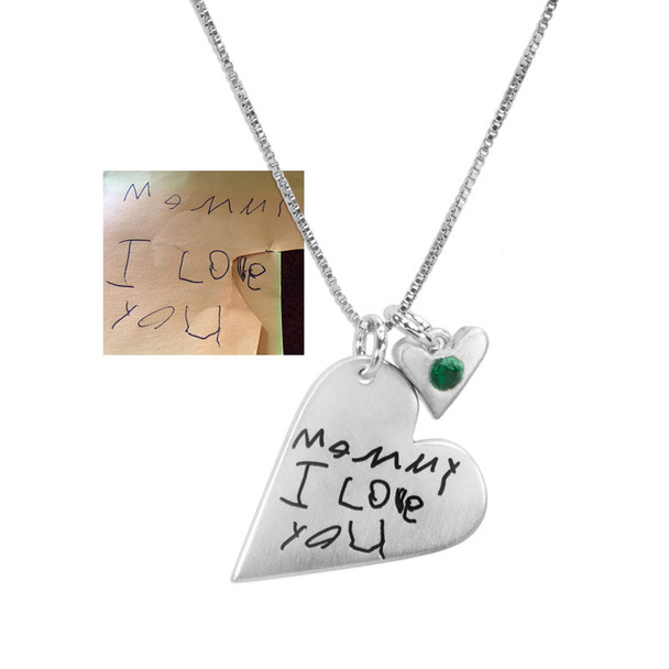 Sculpted Heart Handwriting Necklace in silver, showing original handwriting used to create it saying Mommy I love you