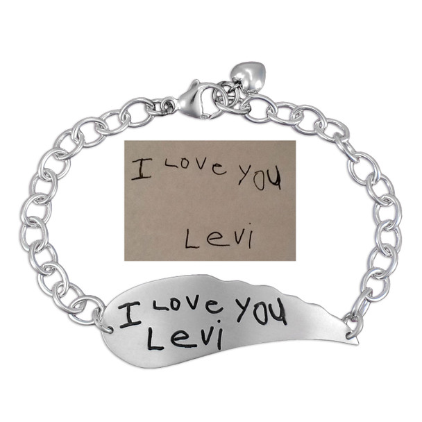 Memorial angel wing bracelet with handwriting, with original handwriting