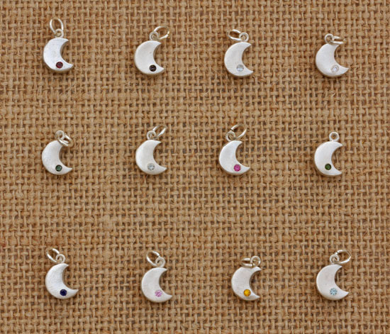 Fine Silver Sculpted Moons Birthstone Charm, showing all 12 months of birthstones