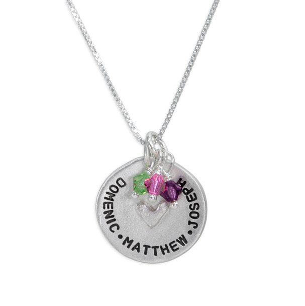 Custom hand stamped mom necklace in fine pewter, shown with birthstones for the kids names