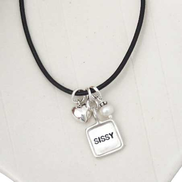 Necklace with handmade sterling silver custom mini square initial charm, personalized with hand stamped name "Sissy", hung on black leather cord, with silver puffed heart charm and birthstone