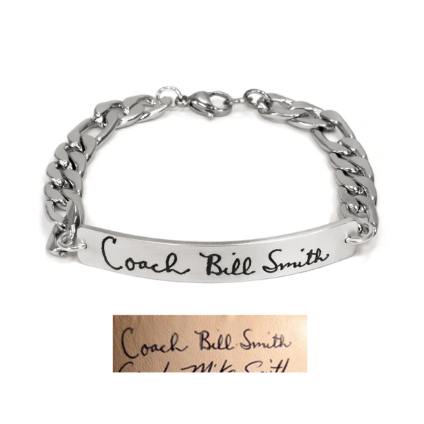 Silver ID Bracelet for Man engraved with Actual Handwriting, shown with original handwritten note used to create it, on white