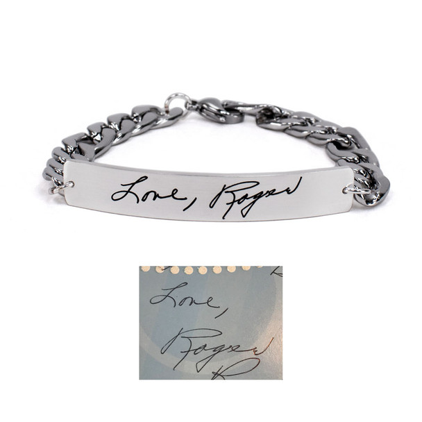 Silver ID Bracelet for Man engraved with Actual Handwriting, shown with original handwritten note used to create it, on white