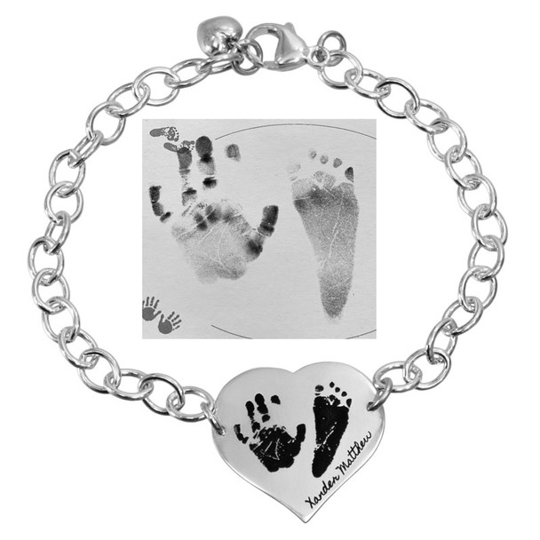 Custom silver heart bracelet personalized with child's actual handprint & footprint and name, shown on white with the original prints