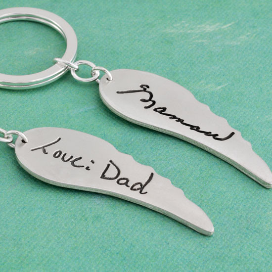 Personalized silver angel wing memorial key ring with your loved one's handwriting