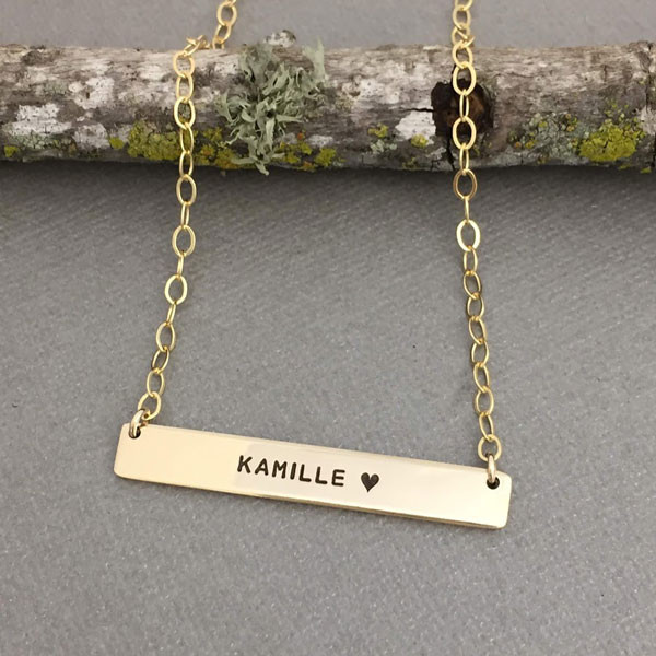 Hand stamped gold bar necklace