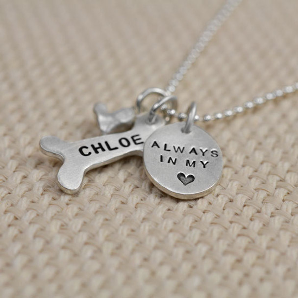 Always in my heart custom hand stamped memorial necklace in fine silver for pet lovers, shown from the side