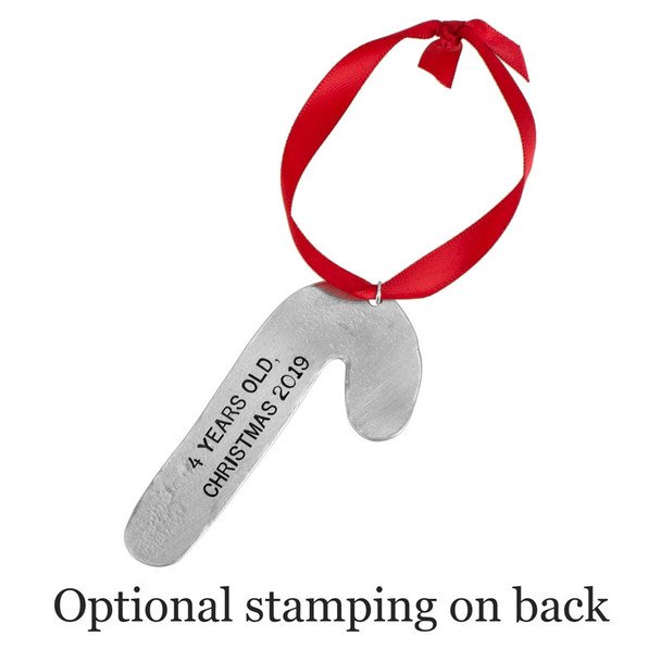 Stamped message on back of handwriting personalized ornament in fine pewter