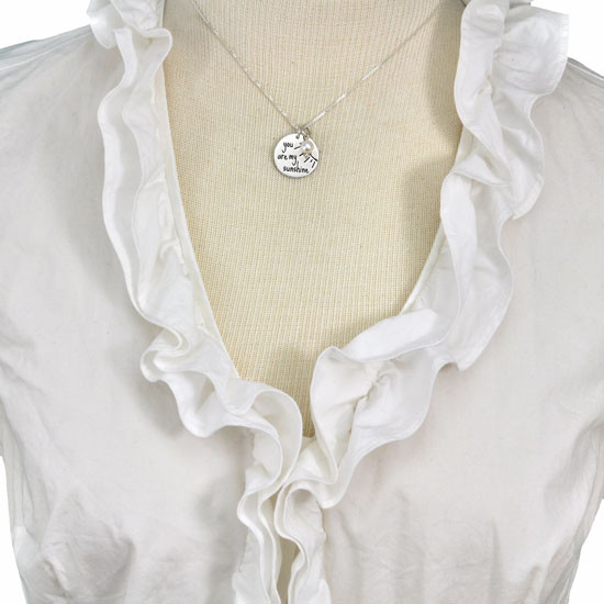 Model with Sterling silver You Are My Sunshine necklace with birthstone