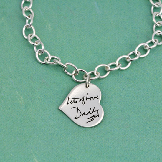 Silver Handwriting heart bracelet, shown close up