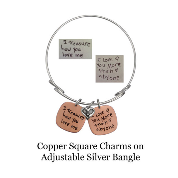 Adjustable Bangle, shown with Copper Square charms with handwritten words