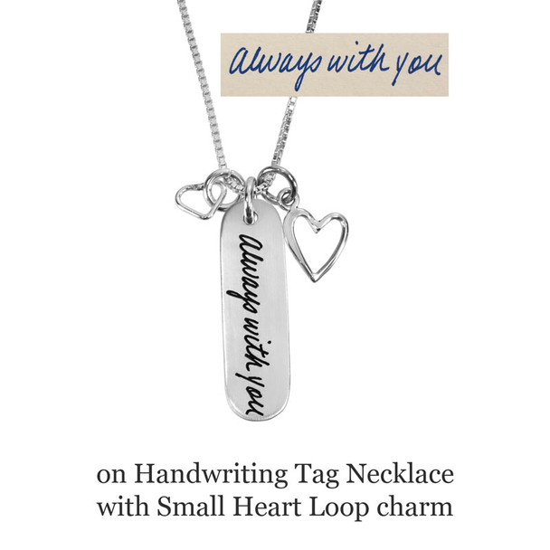 Custom Silver Memorial Handwriting Mom Tag Necklace, personalized with mom's handwritten note, with silver Small Heart Loop charm & silver Sideways Open Heart charm, shown with original handwriting