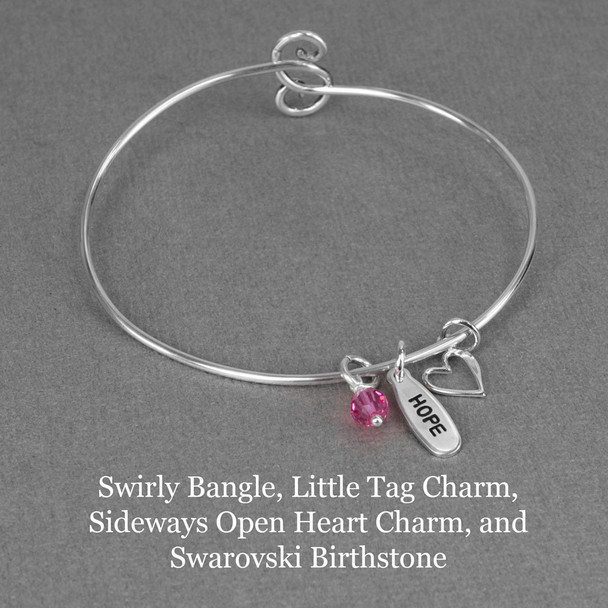Cute silver sideways open heart charm, shown on a swirly bangle with Little Tag Charm and Swarovski stone
