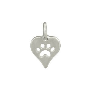Silver heart charm with paw shape cut out of the middle, shown on white
