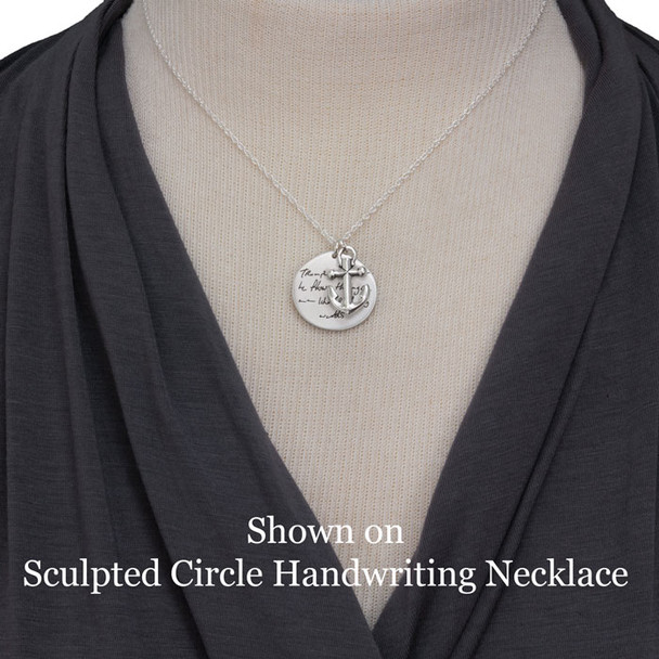 Example of fine pewter anchor charm in use, on a silver Sculpted Circle Handwriting Necklace, shown on a model
