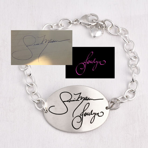 Large silver oval handwriting bracelet shown with the actual handwritten signature used to personalize the bracelet