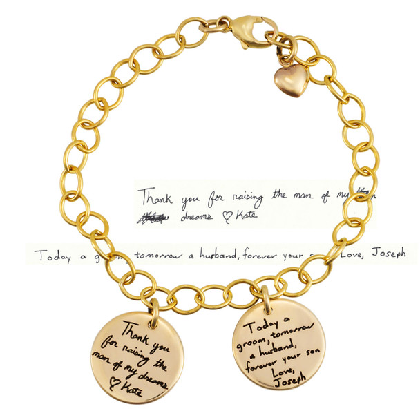 Custom gold charm bracelet for Mother of the Bride, engraved with notes in bride's and groom's handwriting  with gold puffed heart. Shown on white with original handwritten notes used to personalize the bracelet