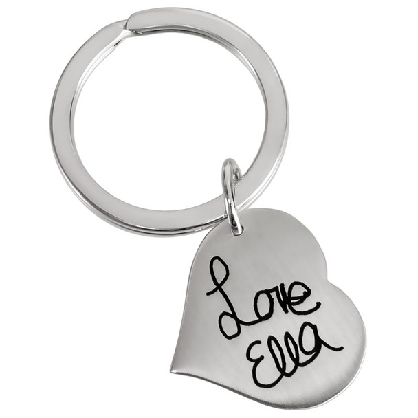 Custom Handwriting Heart silver Key Ring, with handwritten name from daughter, shown on white