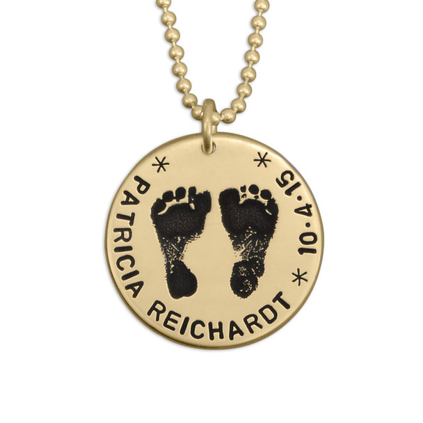 Custom footprints necklace in gold with hand stamped child's name and birth date