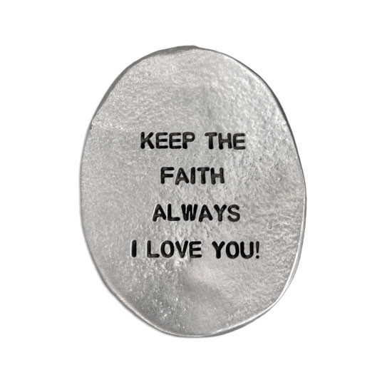 Hand stamped fine pewter cross pocket charm, with note from loved on