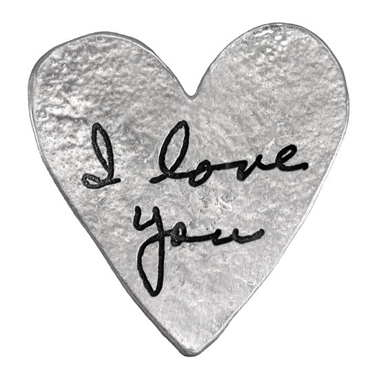 Fine pewter handwriting heart pocket charm, shown with  handwritten "I Love You", shown close up on white