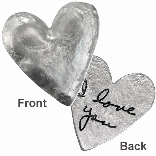 Heart pocket charm with handwriting in fine pewter, on white, personalized with handwritten "I Love You"