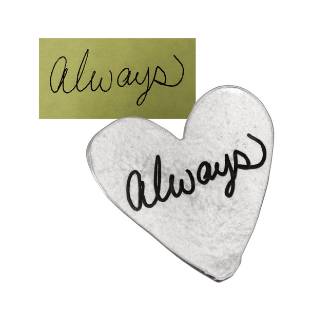 Fine pewter handwriting heart pocket charm, shown with  handwritten note used to make it