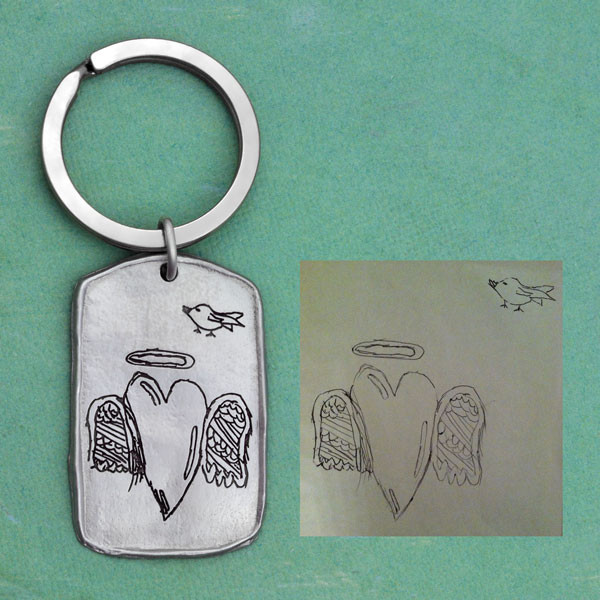 Military tag handwritten key chain, shown with the original handwriting & artwork used to personalize it