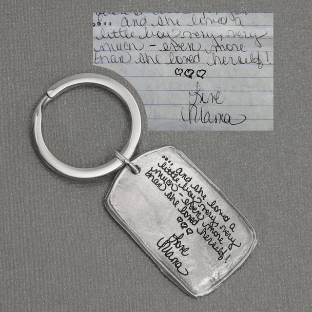 Military tag handwritten key chain, shown with the original handwriting used to personalize it