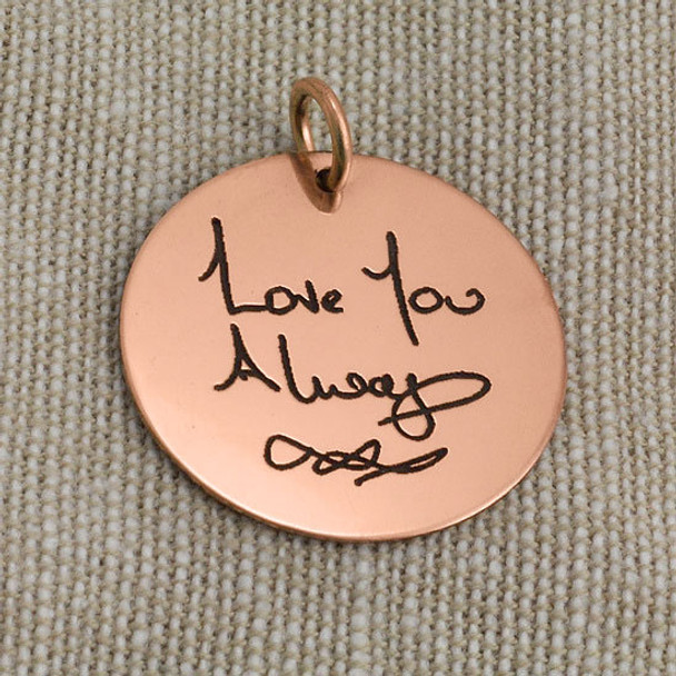 Rose gold disc memorial handwriting necklace, shown close up