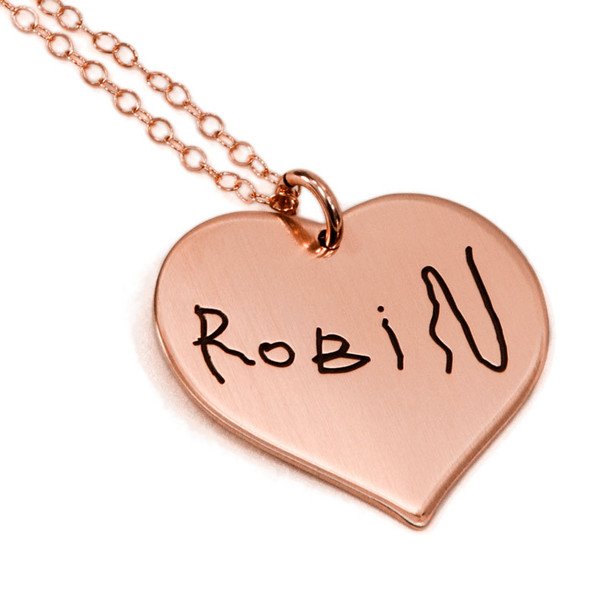 Handwriting heart necklace in rose gold, shown child's signature to make a mother's day gift