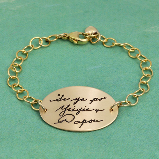 Custom memorial Gold Oval Handwriting Bracelet, personalize with your loved ones' actual signature, show from the side