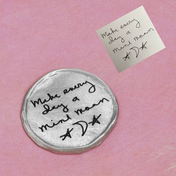 My Mantra Handwriting Pocket Token in fine pewter, shown with handwriting used to create it