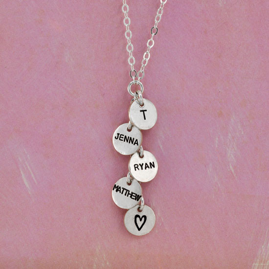 Custom Thai silver charm cascade necklace, personalized with 3 hand stamped kids names, and one charm stamped with a heart