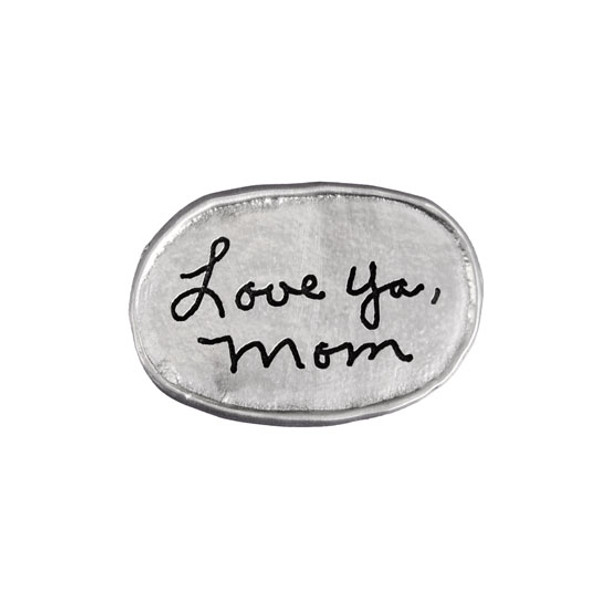 Handwritten note on personalized fine pewter oval pocket charm