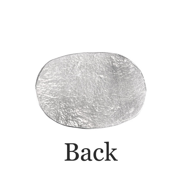 Back of personalized fine pewter oval pocket charm without any stamping or handwriting