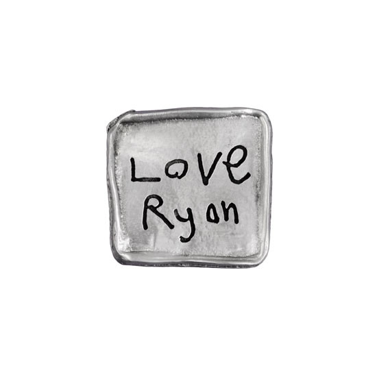 Square Handwriting Pocket Token made from fine pewter. Token is hand-cast and designed to  an organic square with raised edges and your handwriting inscribed, shown close up on white