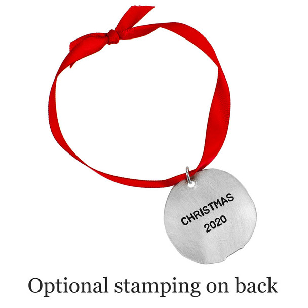 Optional stamping shown on back of custom fine pewter Christmas ornament
