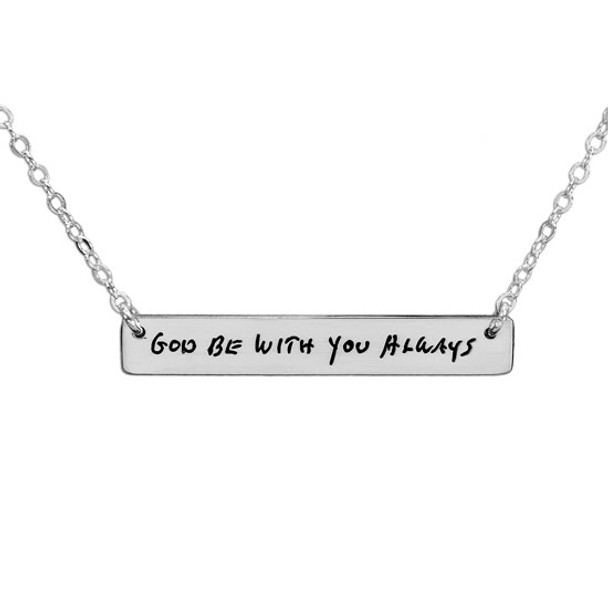 Silver Handwriting bar necklace with your actual handwriting, shown close up on white