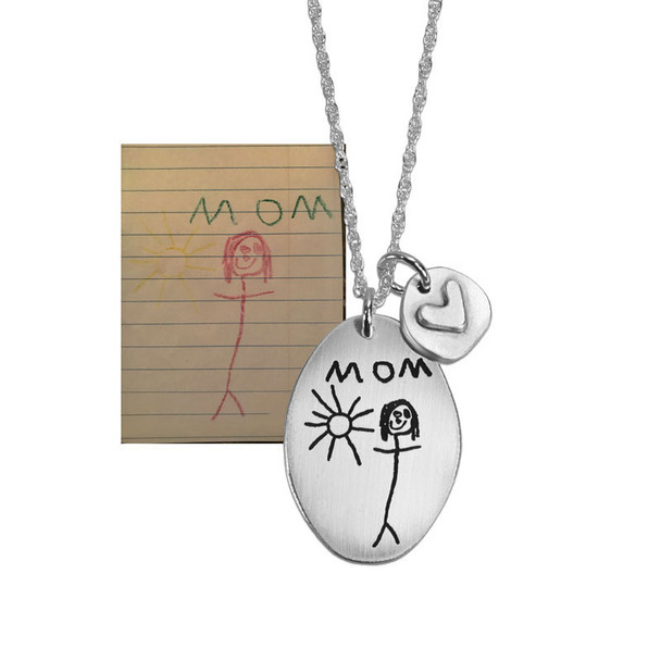 Mother's Day Gift of handmade sterling silver oval custom engraved with child's drawing of Mom and the sun. Paired with silver disc with silver raised heart, hung on a silver ball chain.