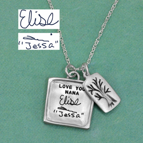 Handmade square pendant handwriting necklace, custom engraved with handwriting and stamped message for Grandma. Shown with granddaughters' handwritten signatures used to personalize the necklace.