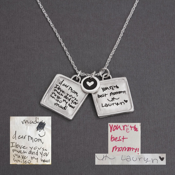 Mother's Day gift from kids, with handmade silver raised edge square pendant handwriting necklace, custom engraved with kids' notes & handwritten signatures. Shown with silver Etched Lil Heart Charm