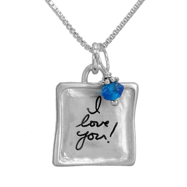 Silver Sculpted Raised Edge Small Square Handwriting Necklace, with handwritten note saying I Love You, with birthstone