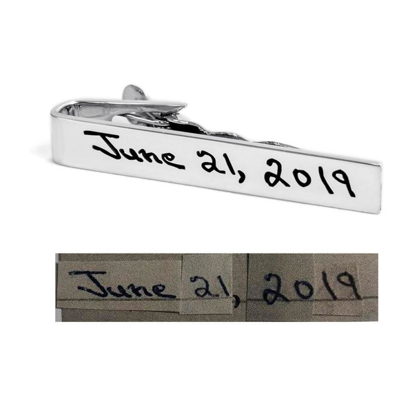 Personalized silver tie clip with handwriting. shown with original handwriting
