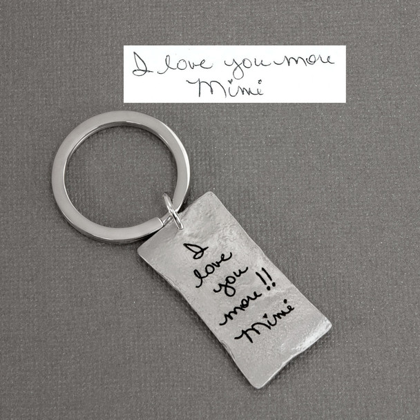 Rectangle Fine Pewter Handwriting Key Ring, showing the handwritten note