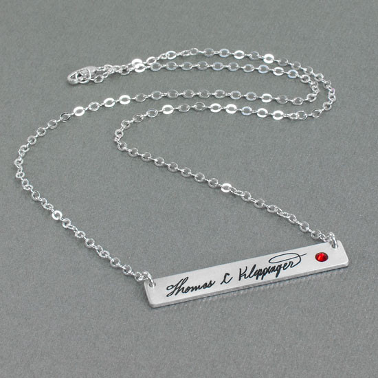 Silver Handwriting bar memorial necklace with actual handwriting, hung with birthstone