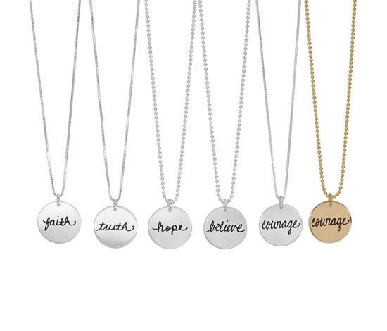 Cure for PANDAS necklaces, showing the available messages, in silver and gold-filled 