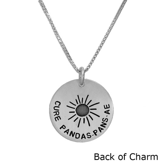 Close up of the back of the sterling silver Cure for PANDAS necklaces, on a silver chain 