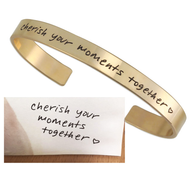Wedding gift from Mom — Gold handwriting cuff bracelet, with Mom's actual handwritten note to the bride, shown with original note used to personalize it