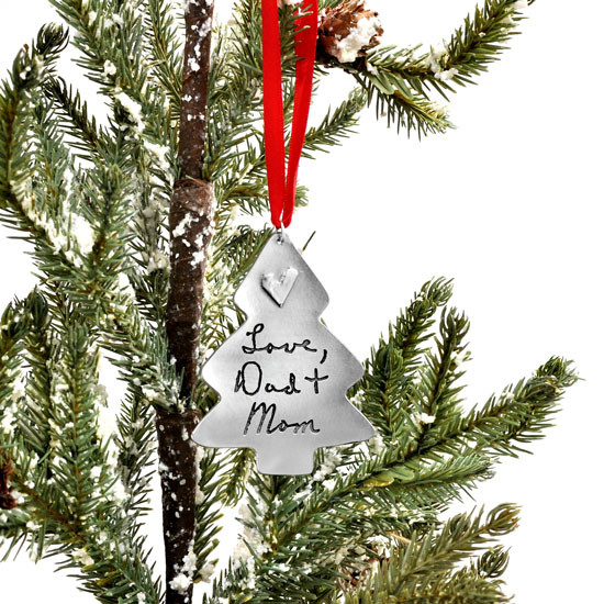 Custom handwriting on pewter Christmas Tree ornament, shown on a Christmas tree